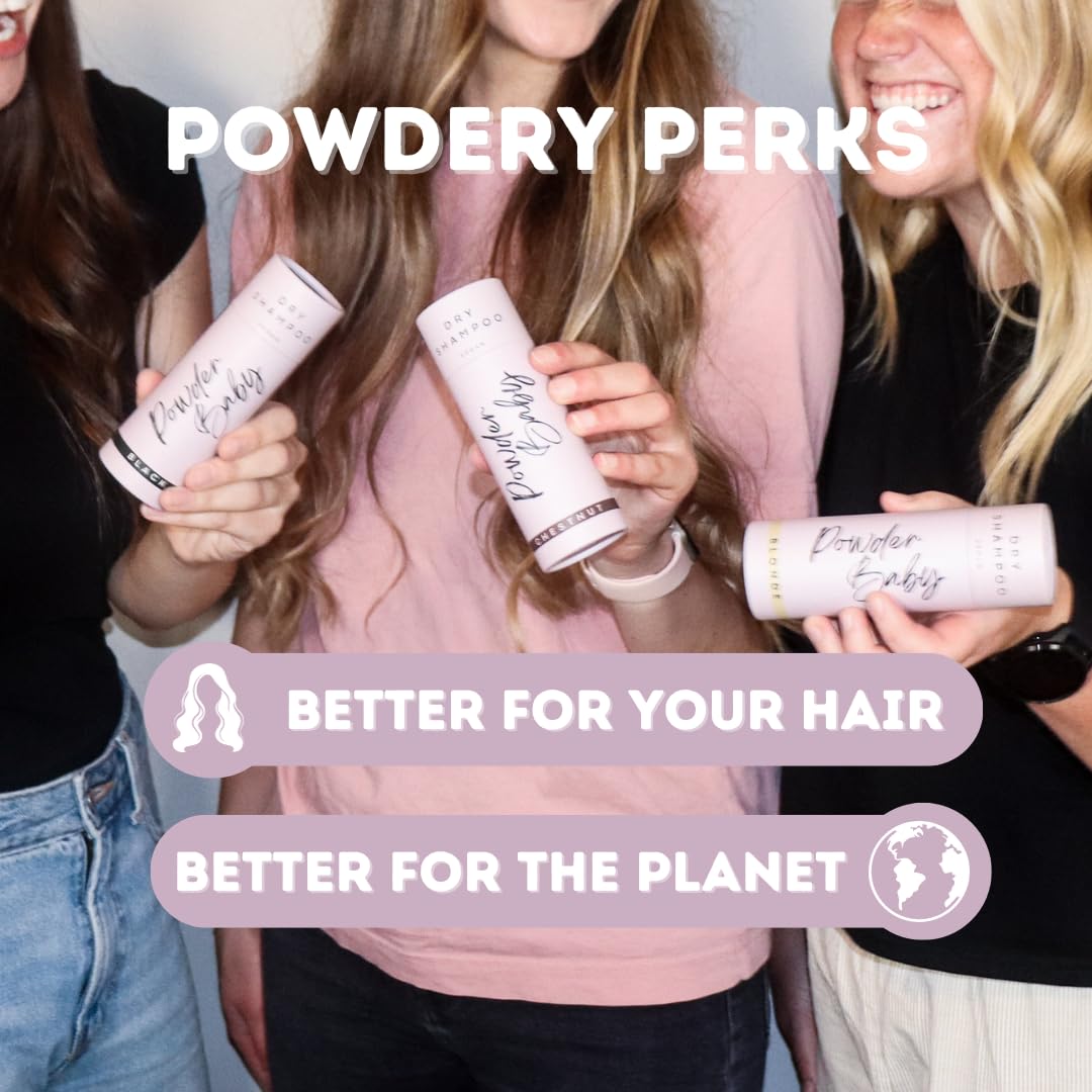 Powder Baby dry shampoo texture closeup reveals smooth, residue-free powder.