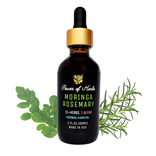 Power of Herbs Moringa Rosemary Hair Oil bottle showcases the botanical blend for all hair textures.