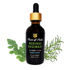 Power of Herbs Moringa Rosemary Hair Oil bottle showcases the botanical blend for all hair textures.