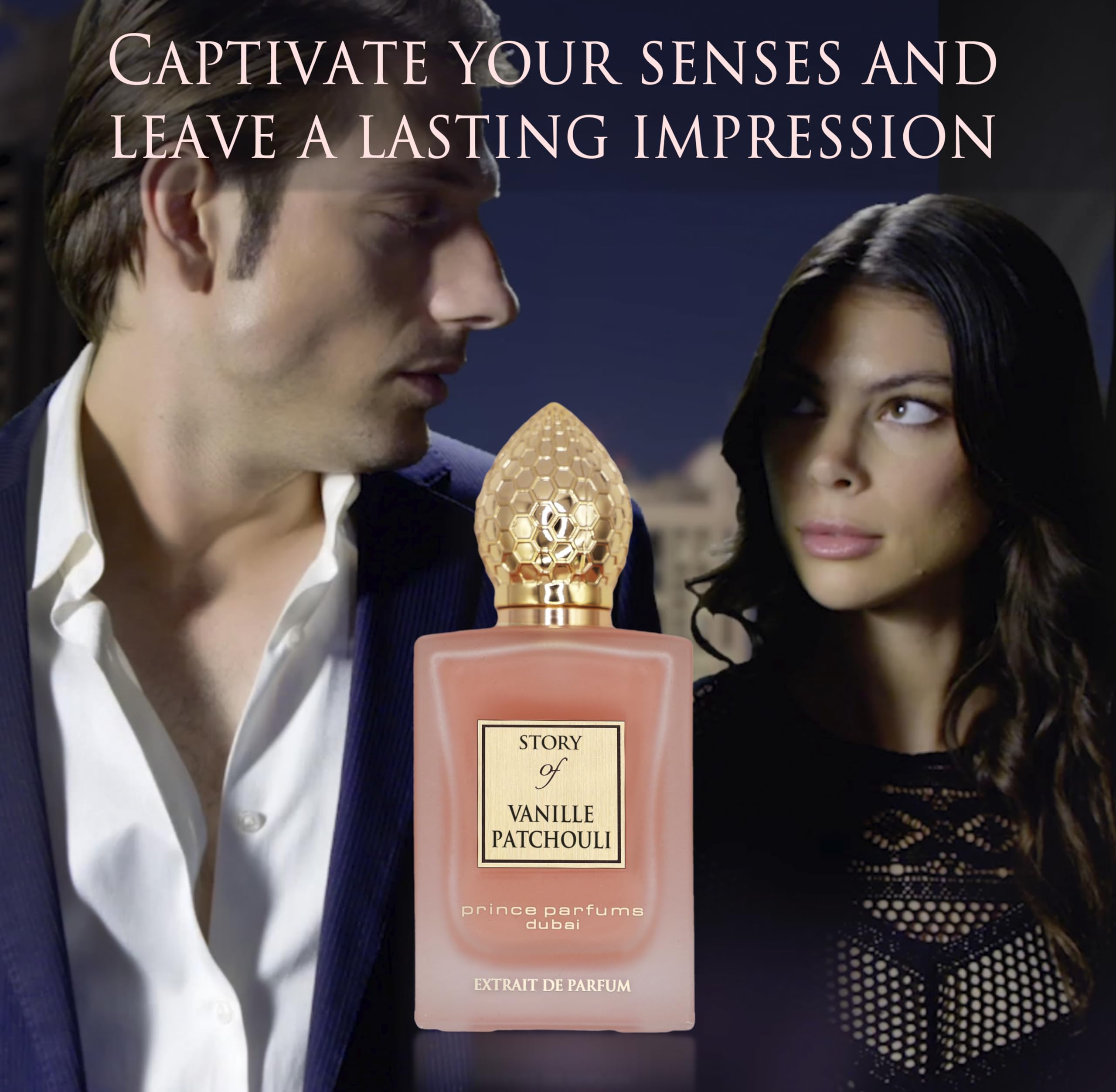 Prince Parfums Dubai Story of Vanille Patchouli angled view emphasizes luxurious notes.