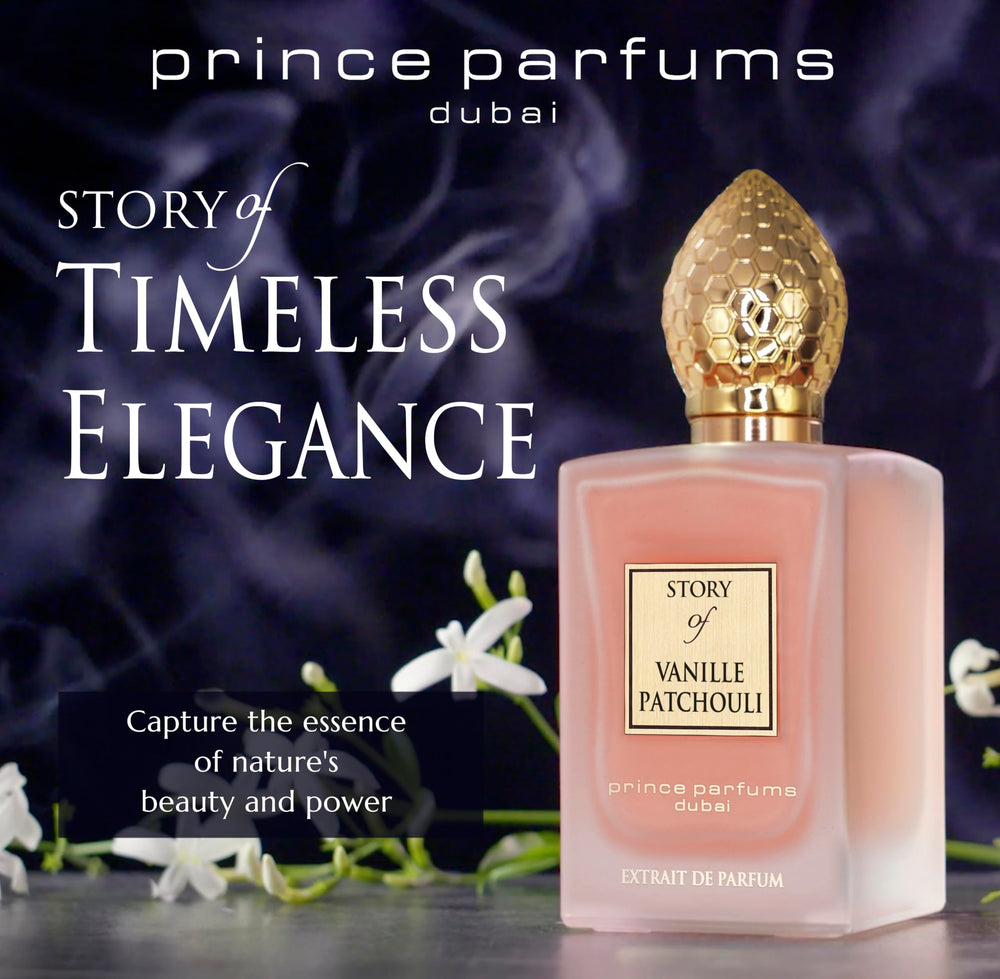 Prince Parfums Dubai Story of Vanille Patchouli packaging box highlights premium presentation.
