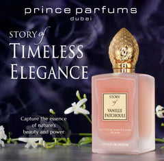 Prince Parfums Dubai Story of Vanille Patchouli packaging box highlights premium presentation.
