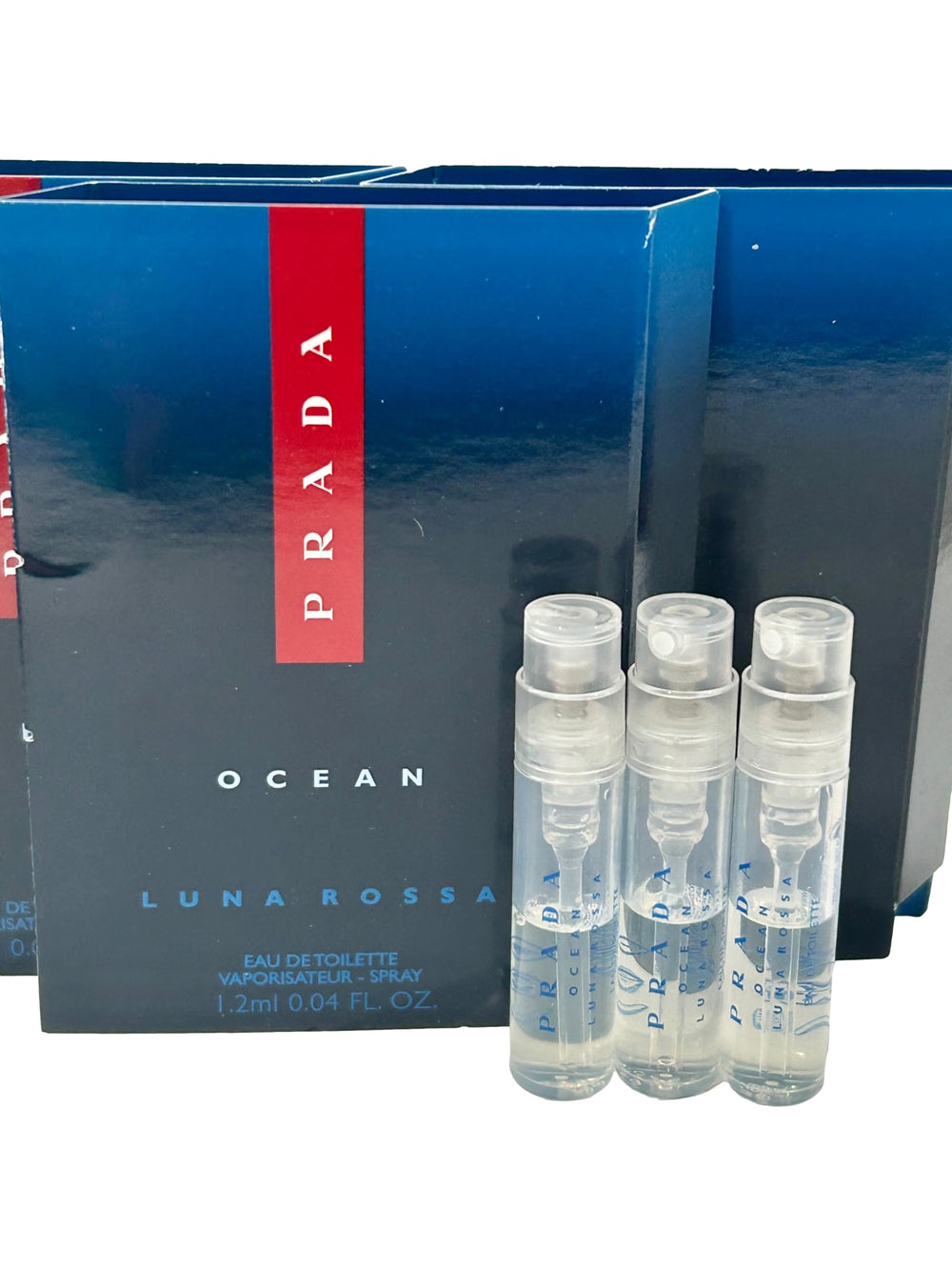Prada OCEAN Luna Rossa EDT sample set, back view, compact packaging for daily wear.