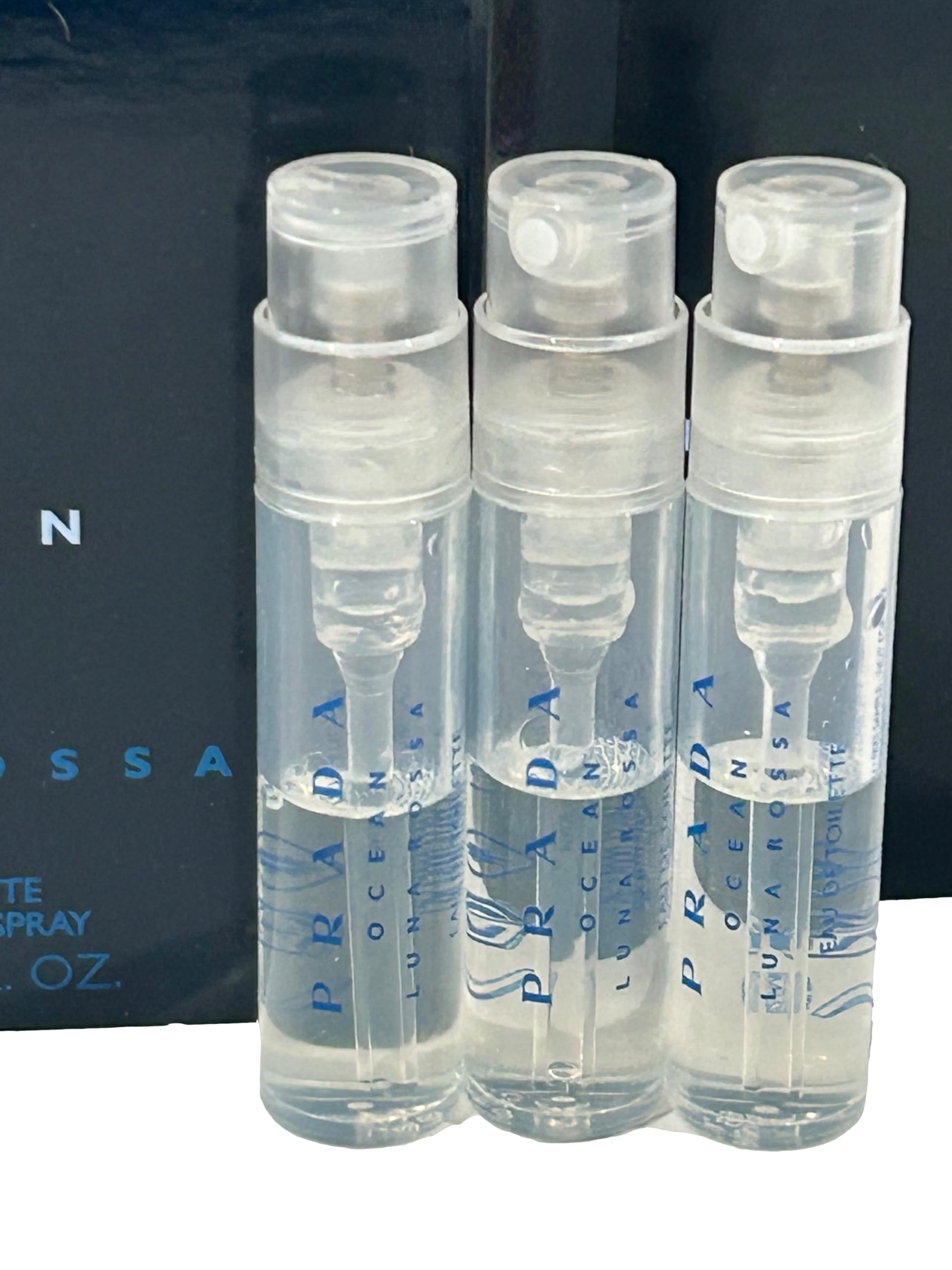 Prada OCEAN Luna Rossa EDT sample set, side view, ideal for on-the-go fragrance.