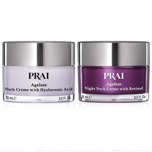 PRAI Ageless Day Neck Creme jar promotes hydration and subtle firming.