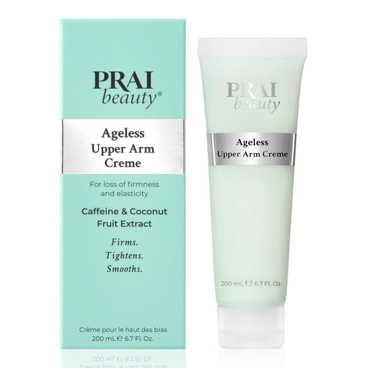 PRAI Upper Arm Creme bottle close-up showing minty fragrance and energizing scent.