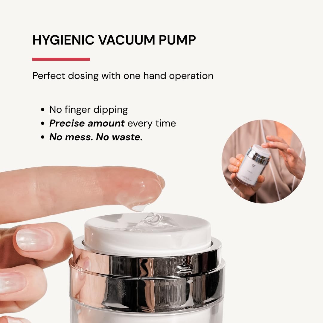 Praimy Glow Rose airless-pump delivers precise product dose with hygienic, one-handed control.