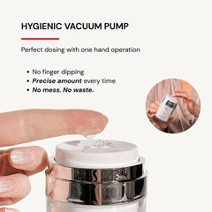 Praimy Glow Rose airless-pump delivers precise product dose with hygienic, one-handed control.