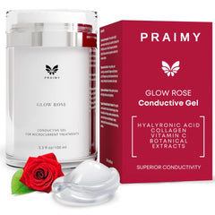 Praimy Glow Rose bottle closeup showing premium conductive gel packaging for safe at-home use.