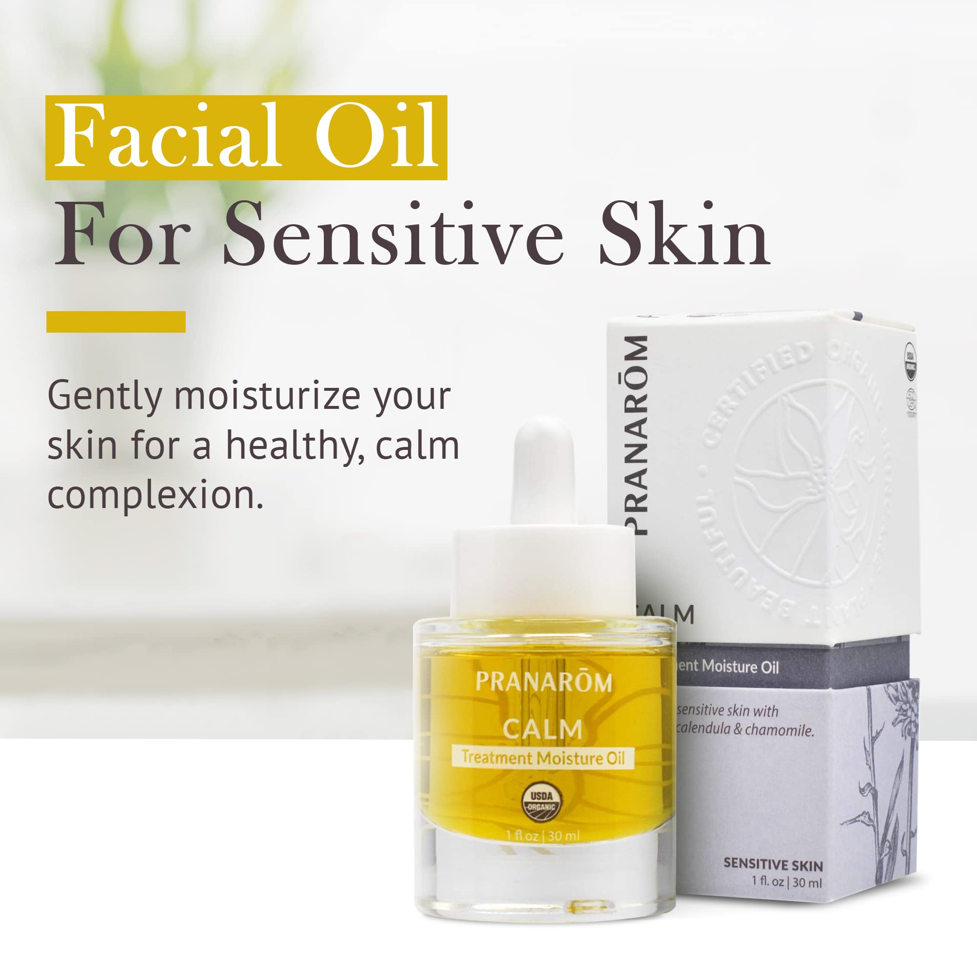 Pranarom Calm Treatment Moisture Oil organic ingredients label close-up, purity emphasized.