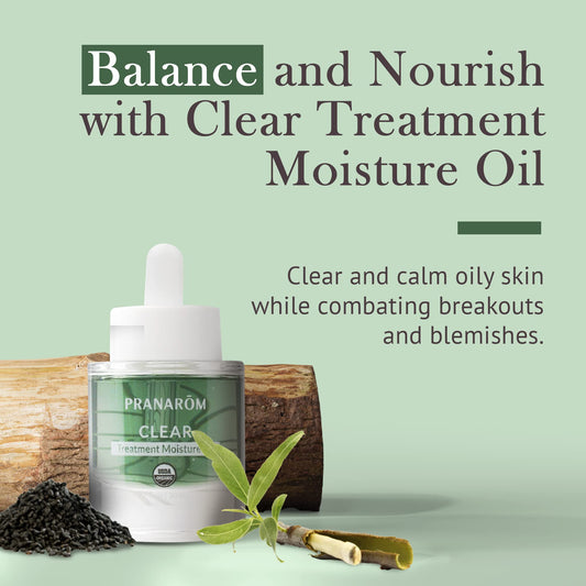 Pranarom Clear Treatment Moisture Oil texture close-up for lightweight hydration.