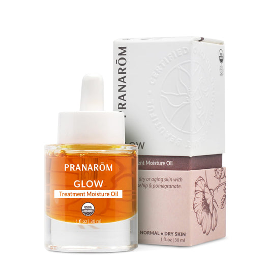 Pranarom Glow Treatment Moisture Oil bottle on a clean surface for radiant skin hydration