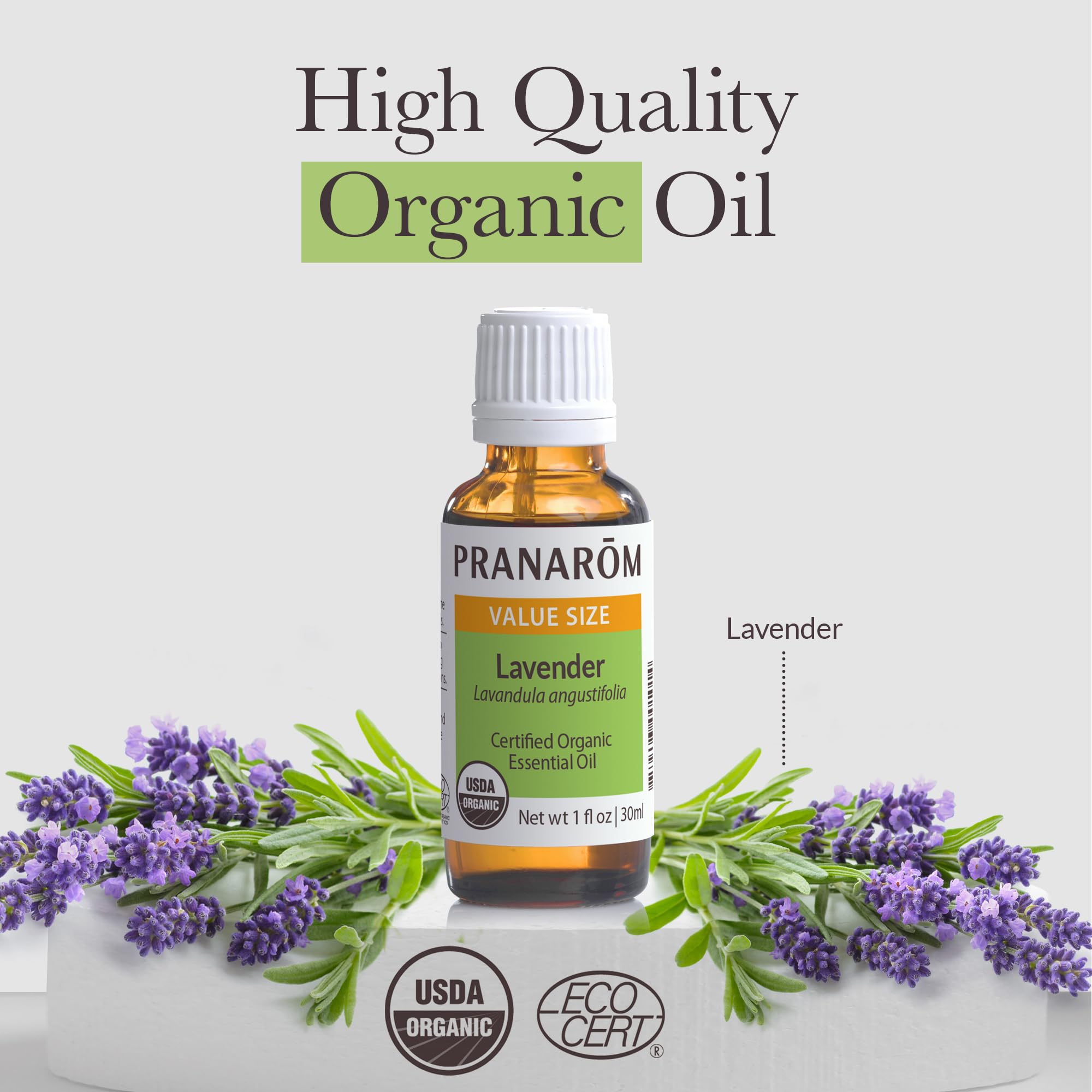 Pranarom Lavender Oil packaging front showing organic certification and farm-to-bottle origin.
