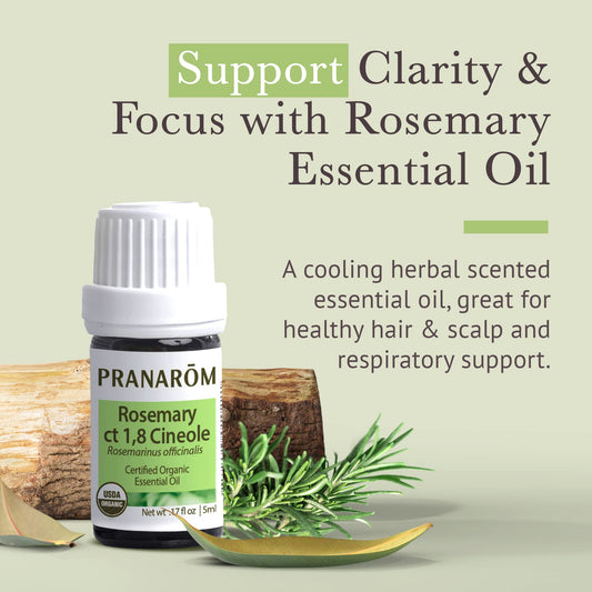 Pranarom Rosemary Cineole label closeup showing organic certifications and purity.