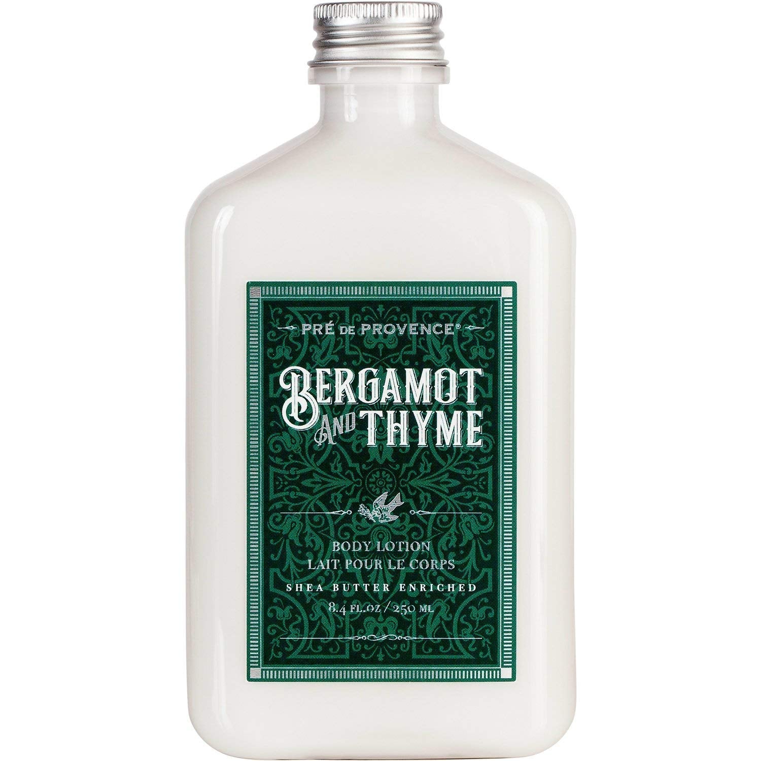 Pre de Provence Bergamot and Thyme body lotion bottle provides lightweight hydration.