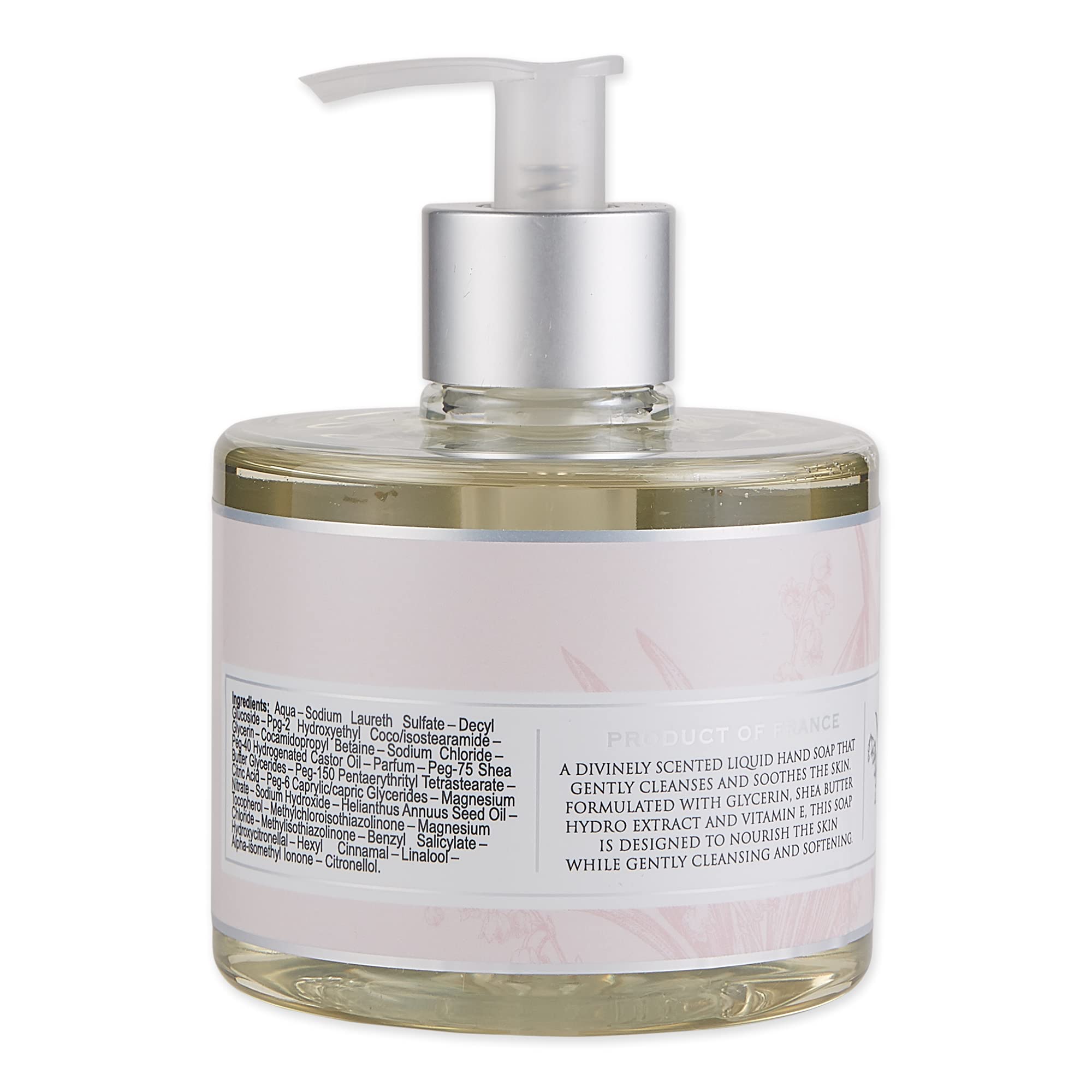 Pre de Provence Lily Valley hand soap pump delivers moisturizing lather for soft hands.