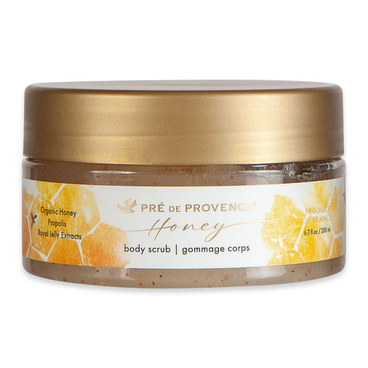 Pre de Provence Honey Collection scrub jar close-up showing natural exfoliant for smoother skin.