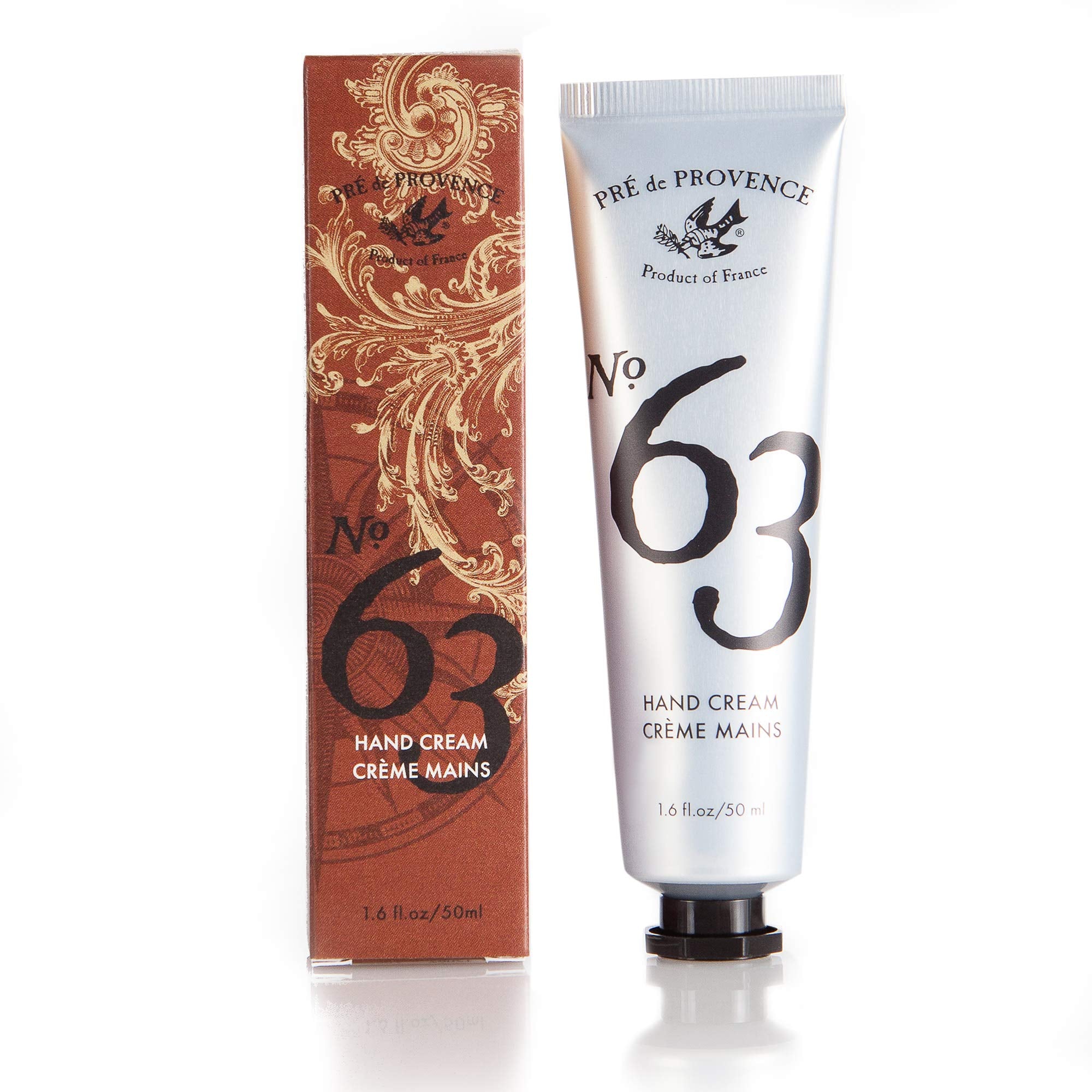 Pre de Provence No.63 hand cream bottle close-up, nourishes and protects dry hands.