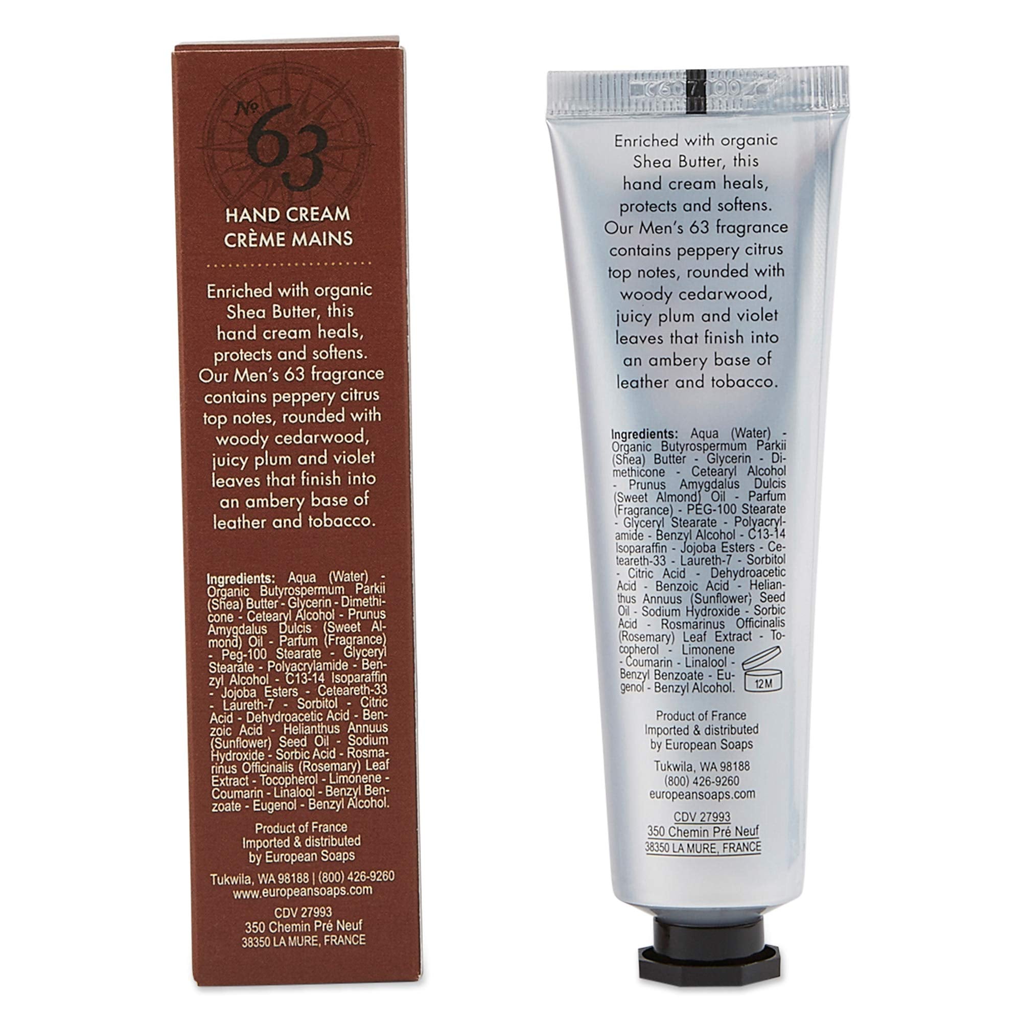 Pre de Provence No.63 hand cream label detail, premium daily skin care.