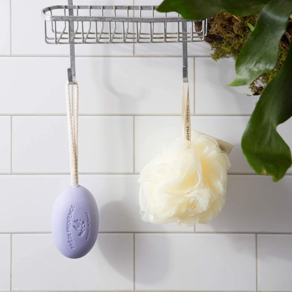 Soap on a rope hanging in the shower for easy drying.