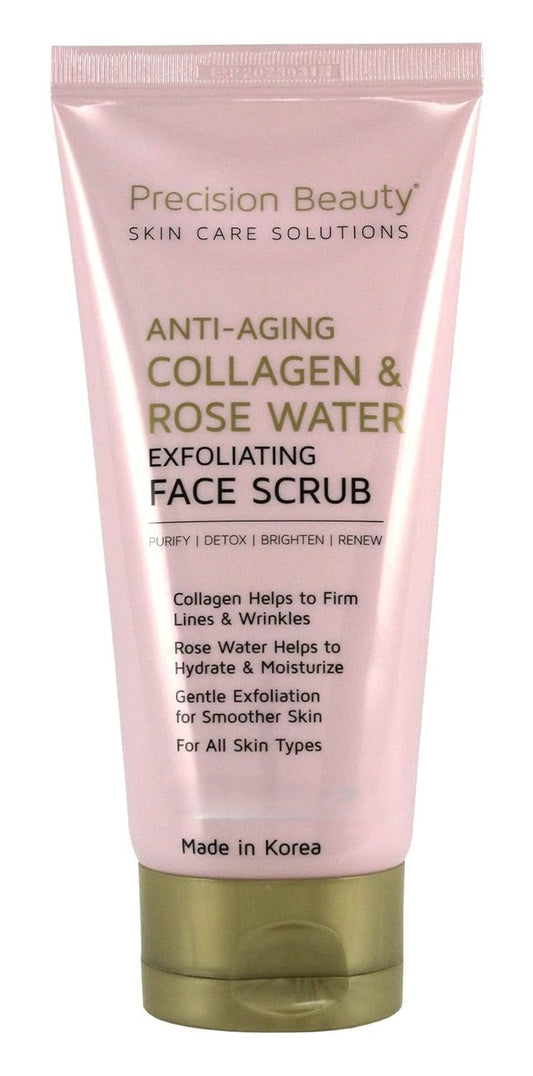 Precision Beauty anti-aging exfoliating scrub bottle provides gentle exfoliation for radiant, refreshed skin.