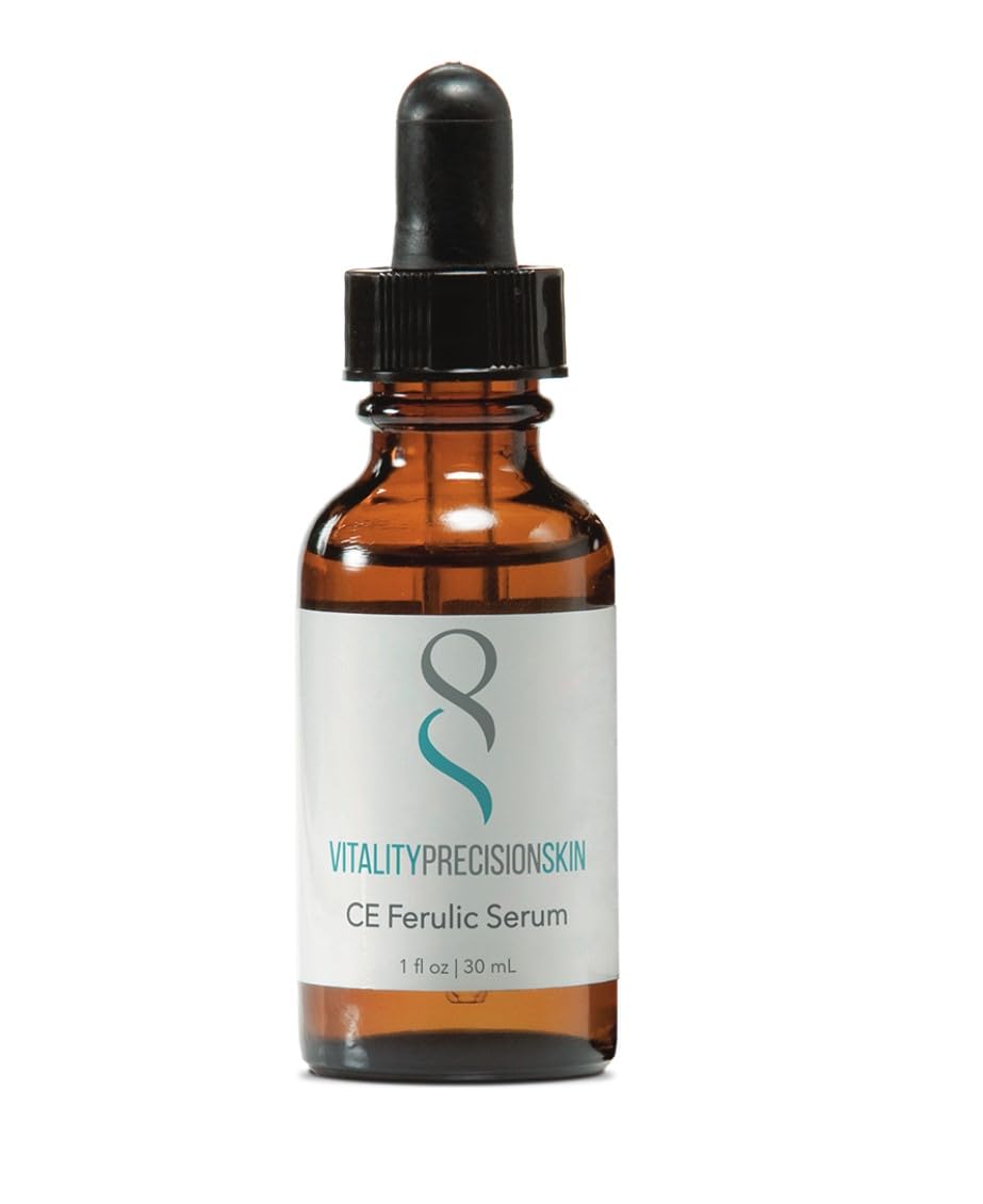 Precision Skin RX Vitality Serum ingredients highlight 15% L-ascorbic acid and ferulic blend for antioxidant support.