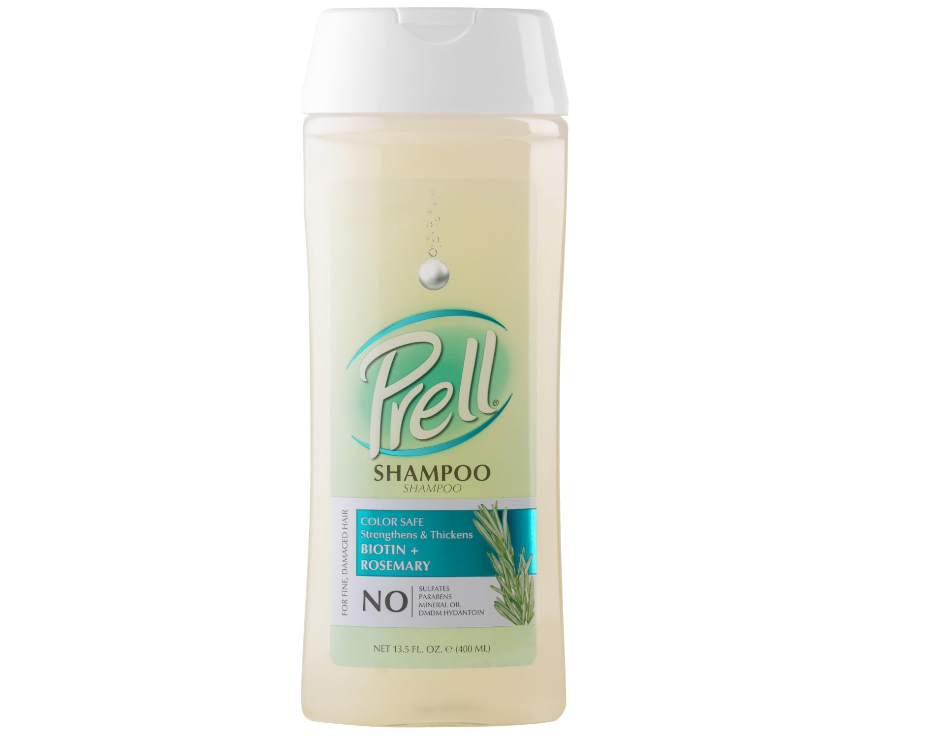 Prell Biotin + Rosemary shampoo bottle highlights color-safe formula for fine, damaged hair