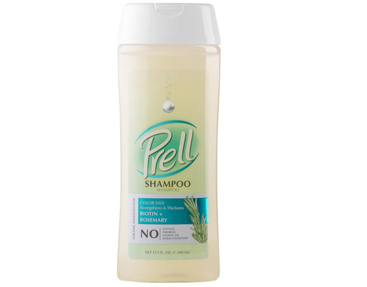 Prell Biotin + Rosemary shampoo bottle highlights color-safe formula for fine, damaged hair
