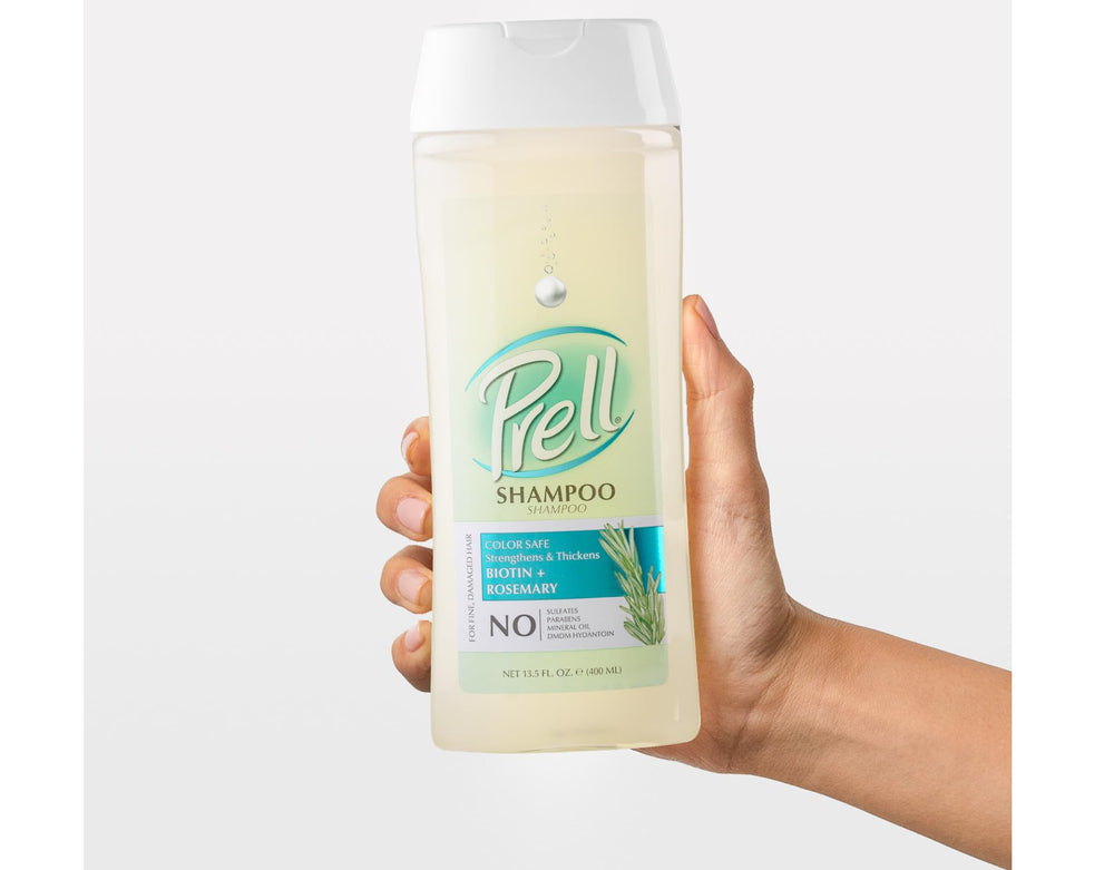 Prell Biotin + Rosemary shampoo lather shown nourishing strands without weighing hair down