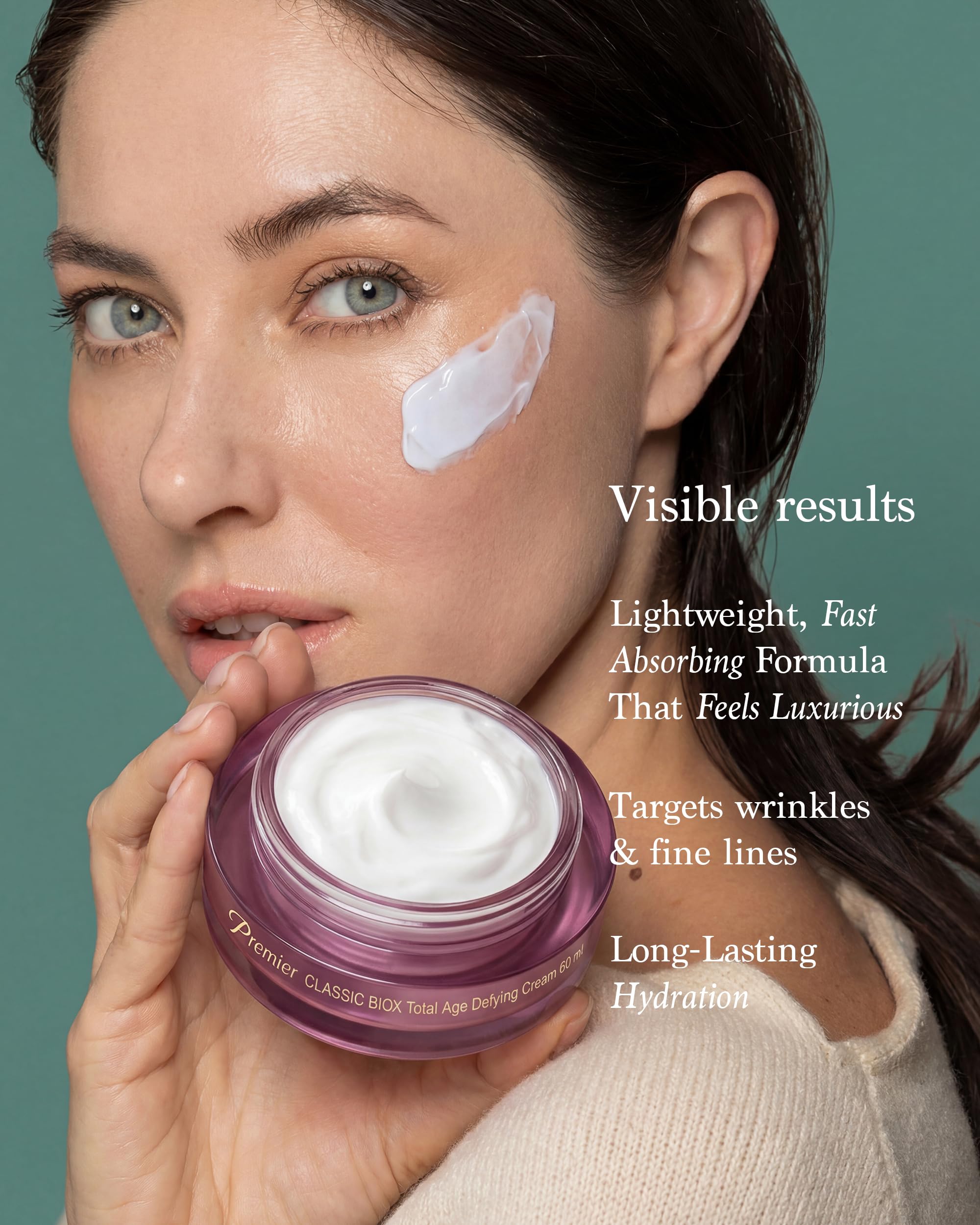 Premier BIOX cream being applied to the face for hydration
