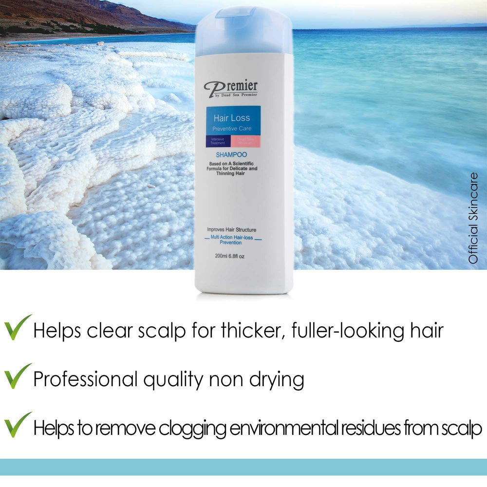 Premier Dead Sea anti hair loss shampoo label close-up reveals CRSFO blend and minerals.