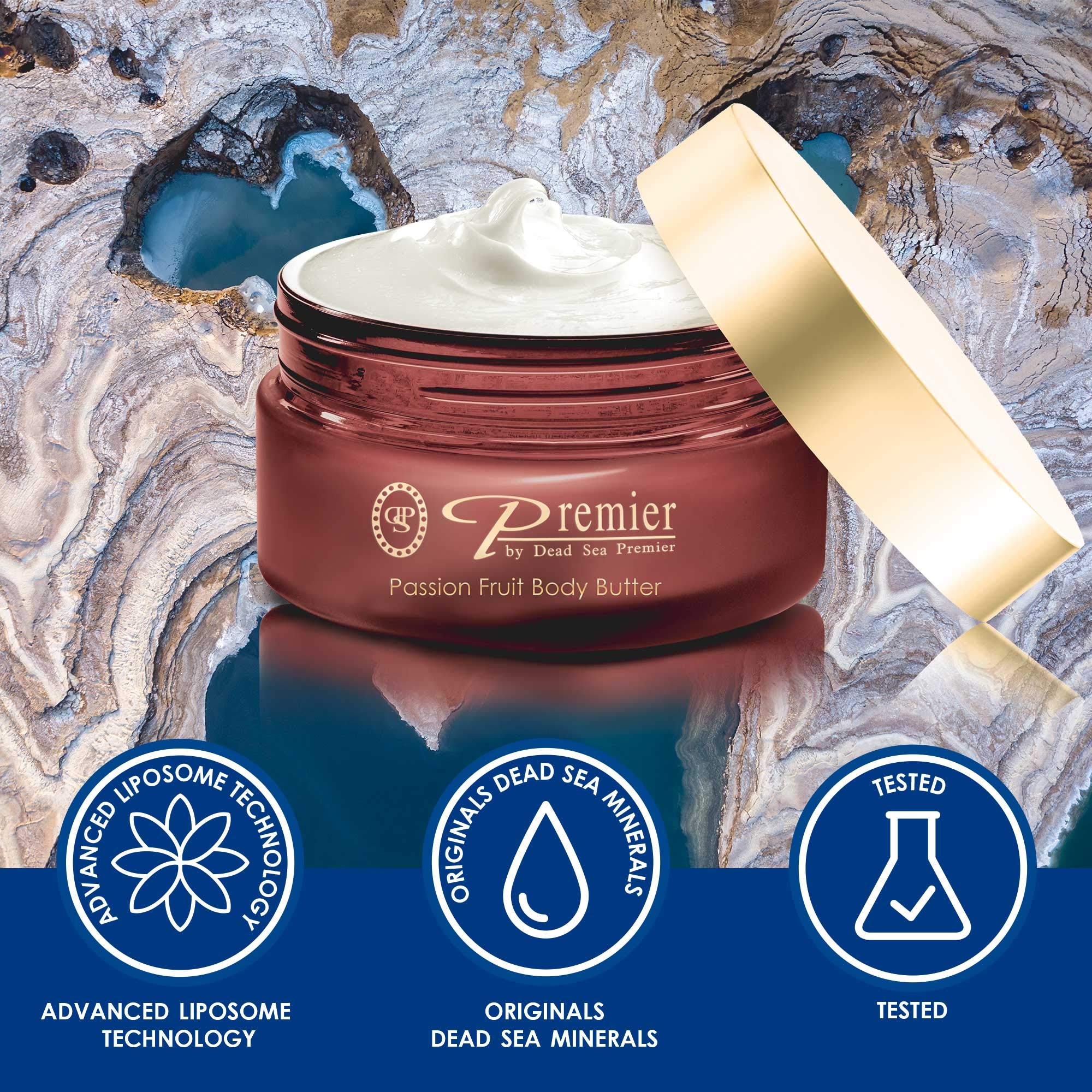 Premier Dead Sea Aromatic Body Butter application shows quick, silky skin feel.