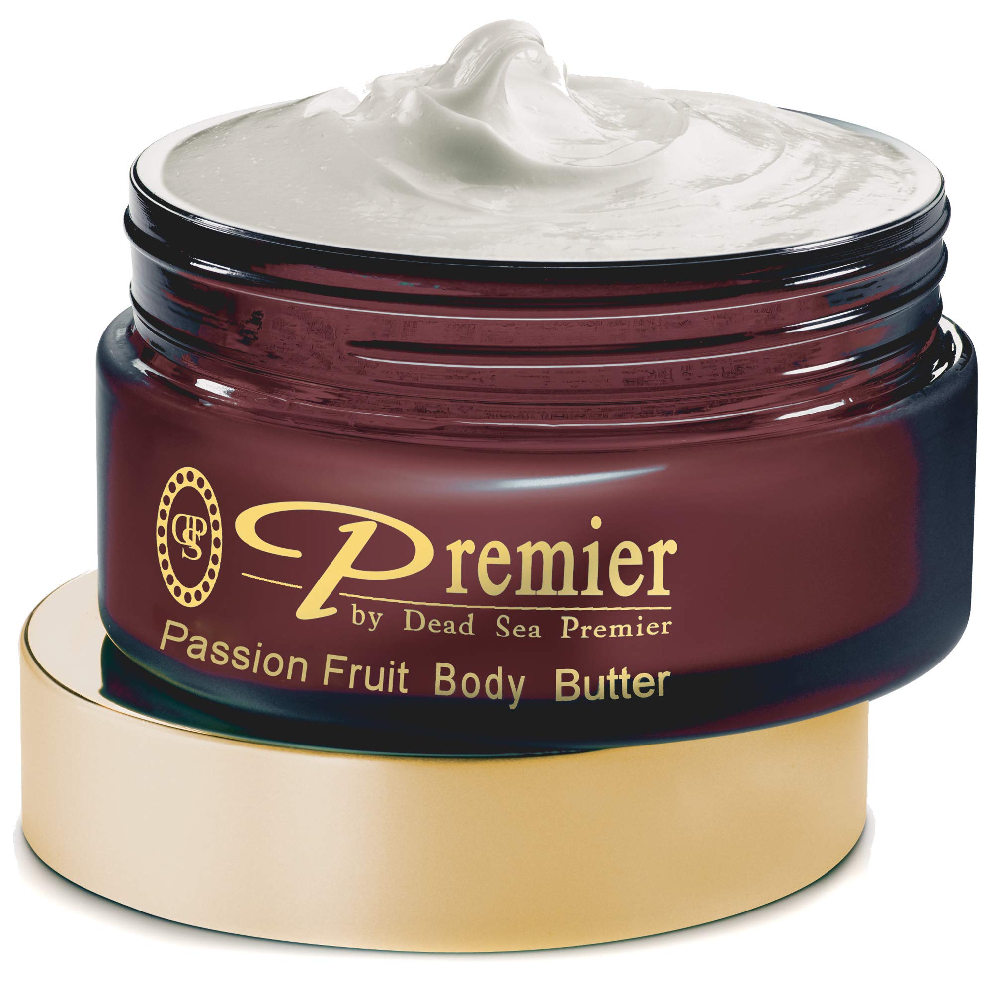 Premier Dead Sea Aromatic Body Butter jar delivering rich hydration with passion fruit scent.