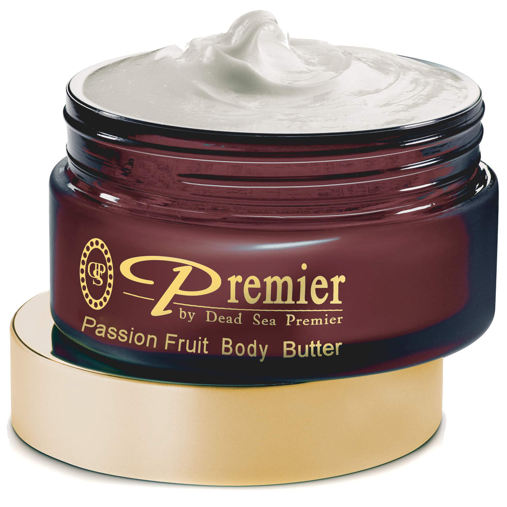 Premier Dead Sea Aromatic Body Butter jar delivering rich hydration with passion fruit scent.