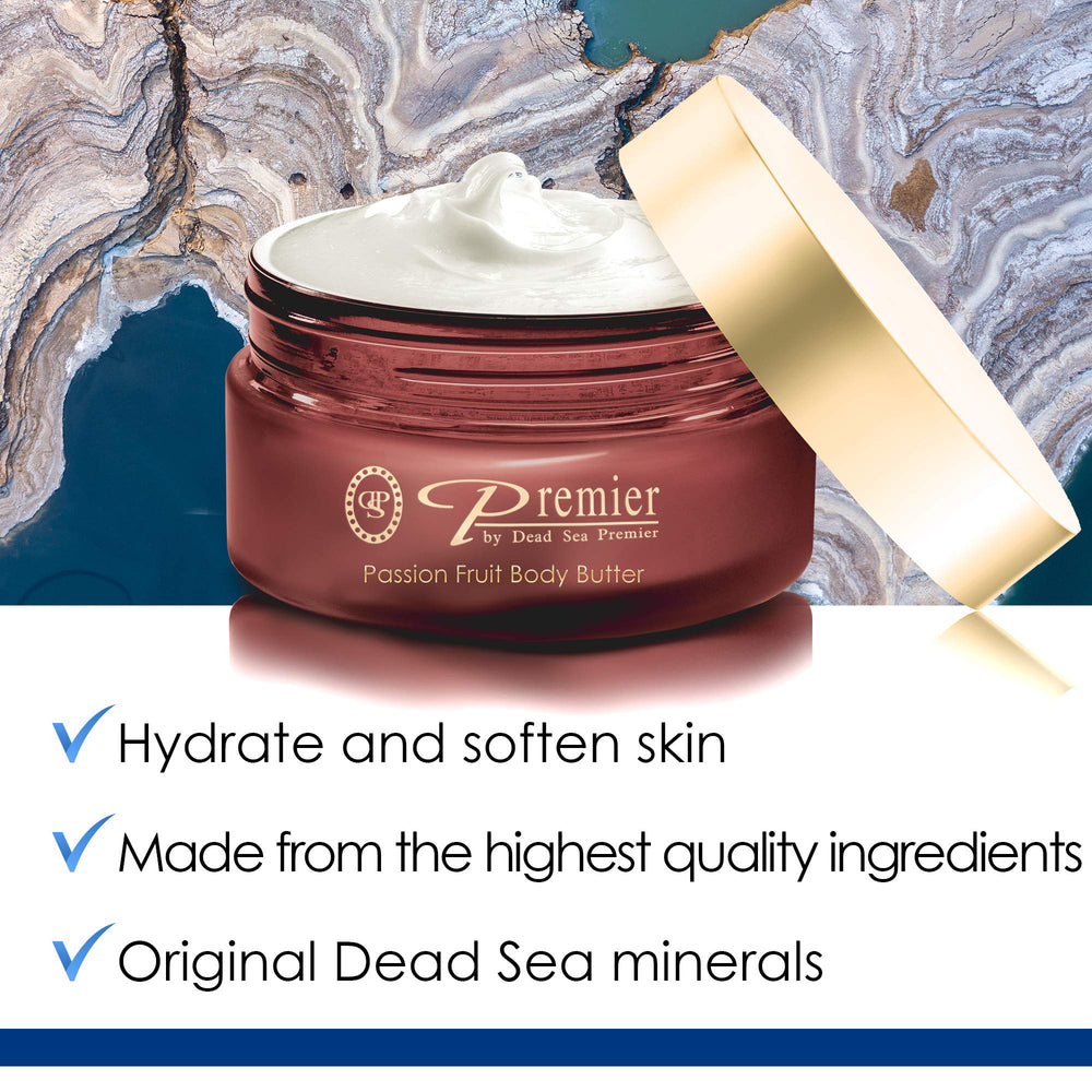 Premier Dead Sea Aromatic Body Butter texture demonstrates lightweight, non-greasy absorption.