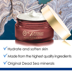 Premier Dead Sea Aromatic Body Butter texture demonstrates lightweight, non-greasy absorption.