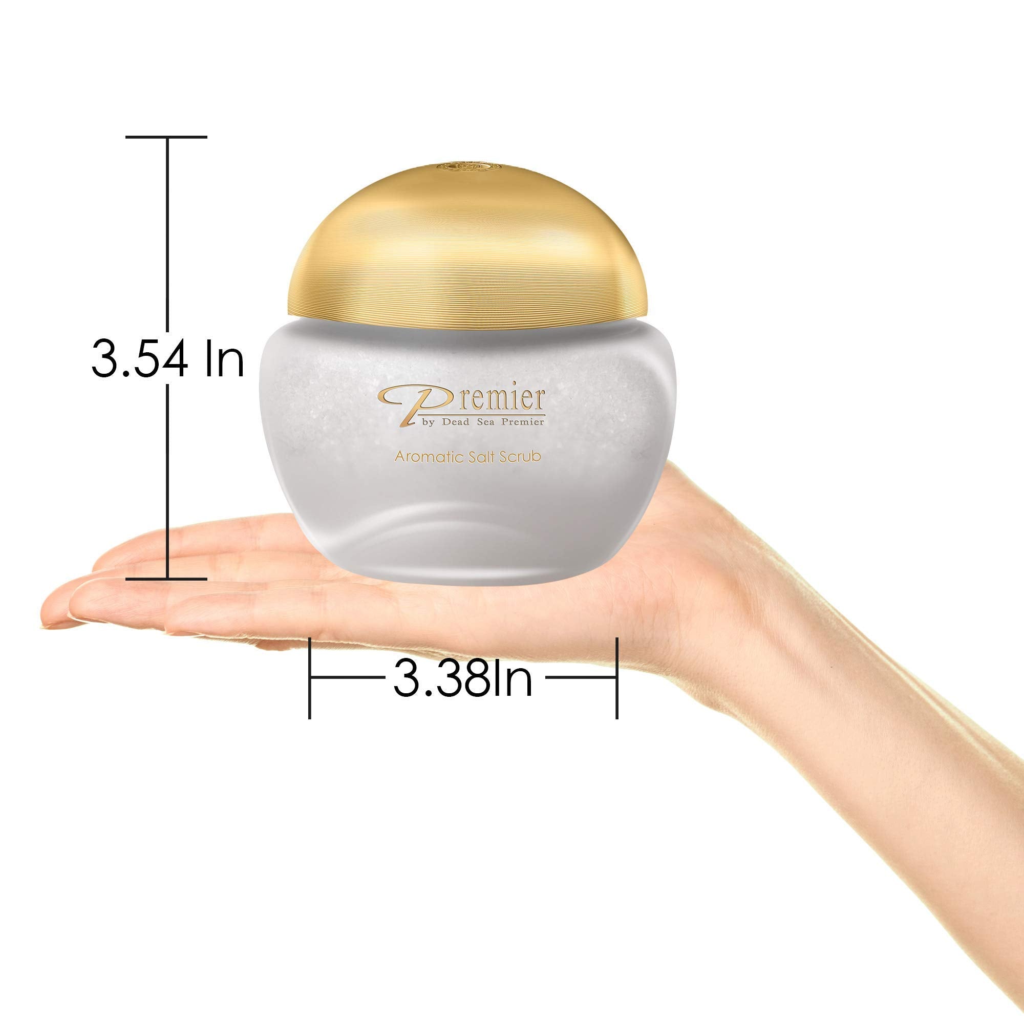 Premier Dead Sea Aromatic Salt Scrub application on arm for exfoliation and hydration.