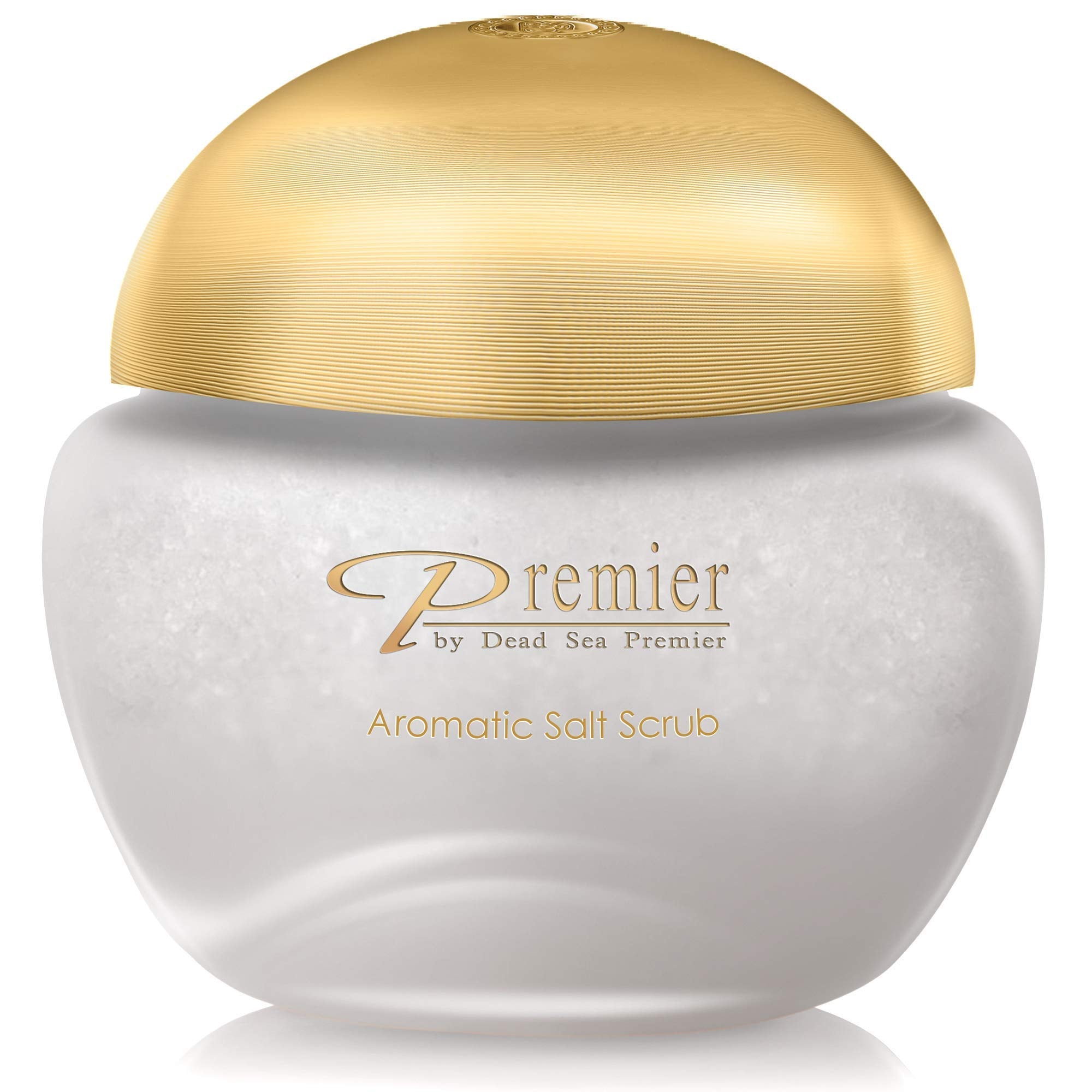 Premier Dead Sea Aromatic Salt Scrub bottle front showing exfoliating minerals for spa-like results.