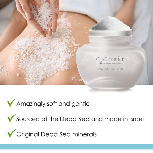 Premier Dead Sea Aromatic Salt Scrub Breeze Scent bottle close-up highlighting nourishing oils