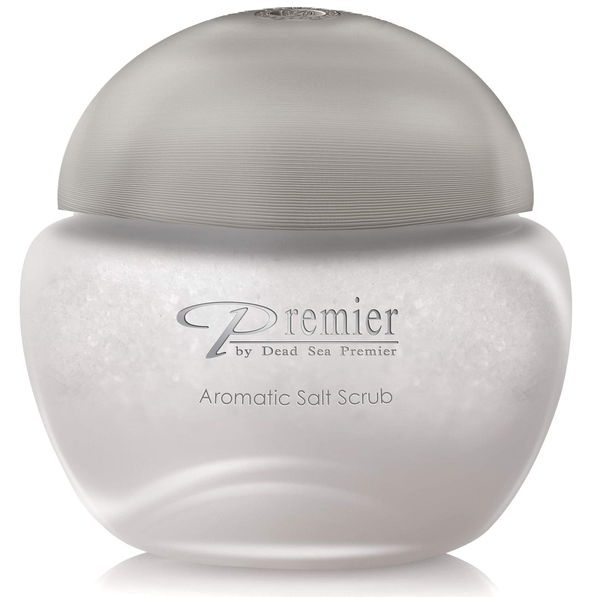 Premier Dead Sea Aromatic Salt Scrub Breeze Scent jar showing gentle exfoliation for smooth skin
