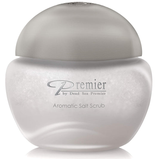 Premier Dead Sea Aromatic Salt Scrub Breeze Scent jar showing gentle exfoliation for smooth skin