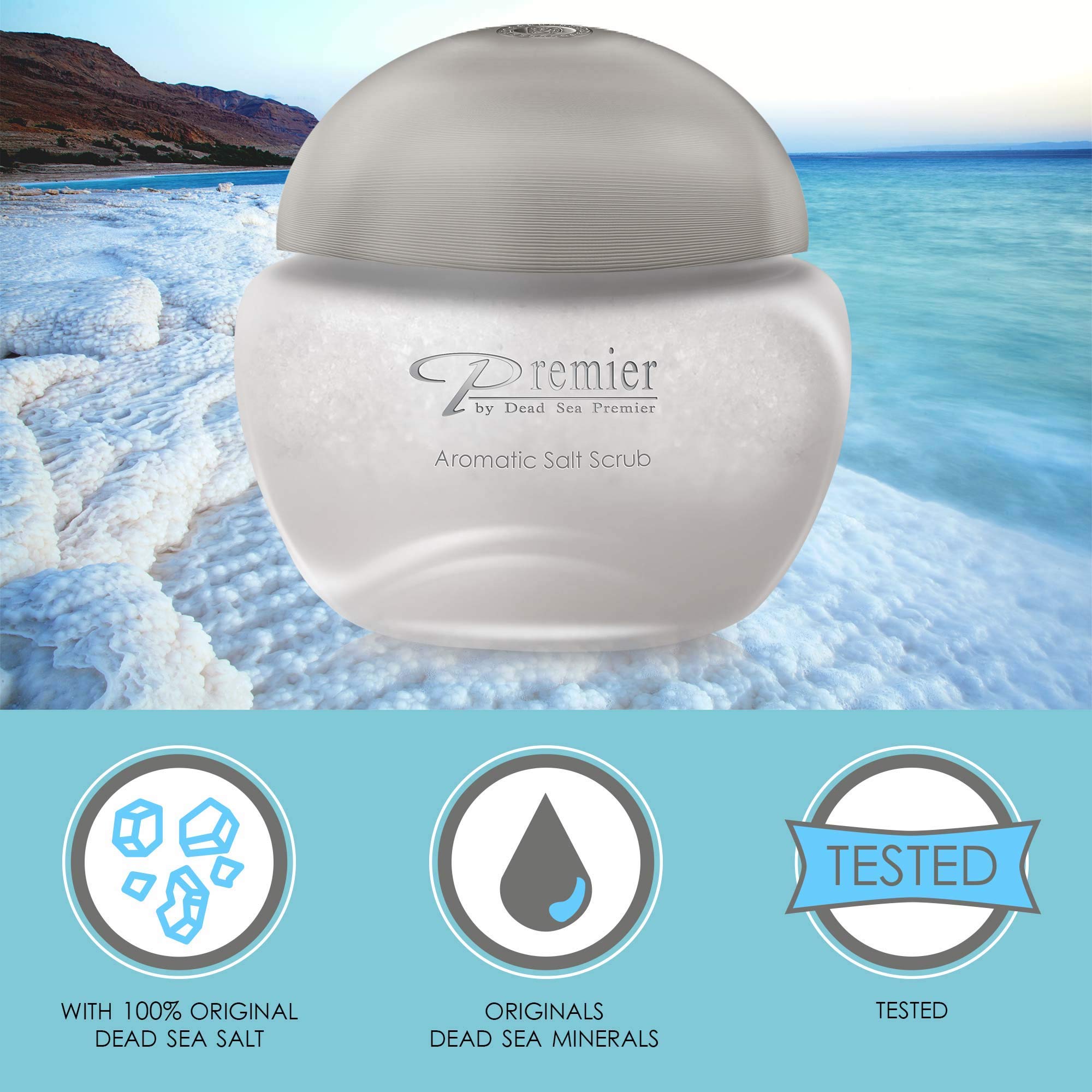 Premier Dead Sea Aromatic Salt Scrub Breeze Scent product on shelf with premium packaging