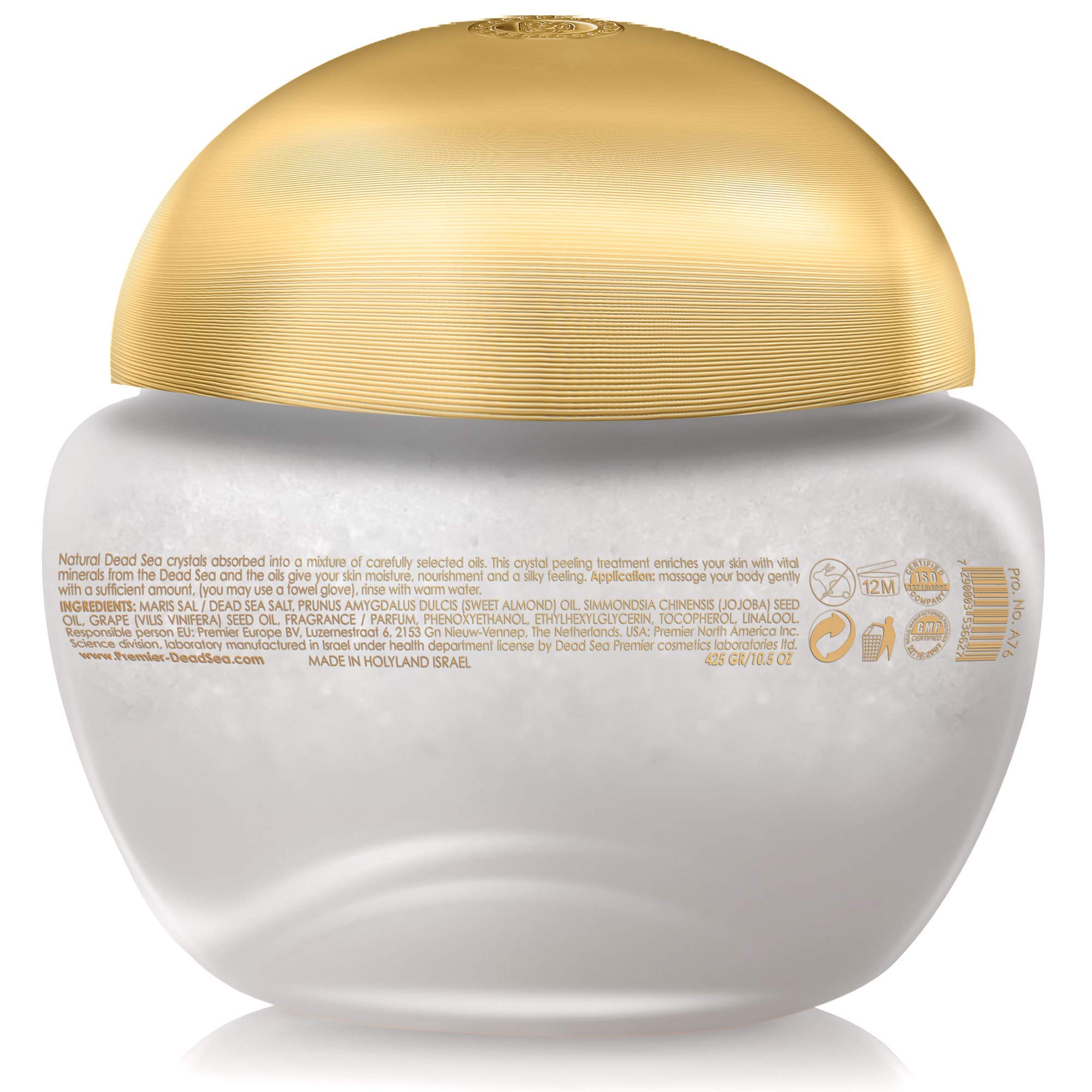 Premier Dead Sea Aromatic Salt Scrub ingredients panel highlights essential oils and vitamin E.