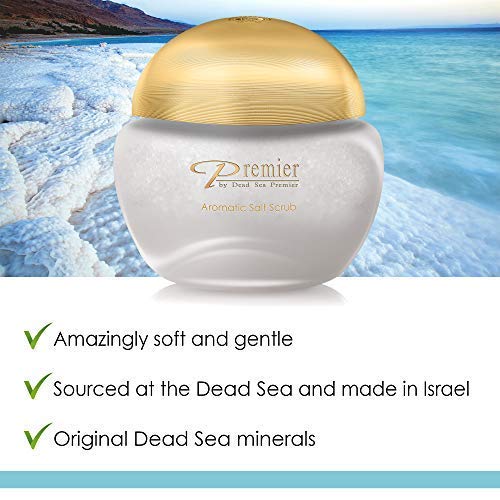 Premier Dead Sea Aromatic Salt Scrub jar closeup highlights nourishing oils for soft skin.