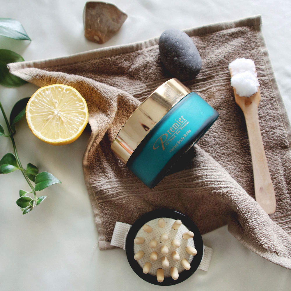 Premier Dead Sea Body Butter showcases natural ingredients and packaging for daily use