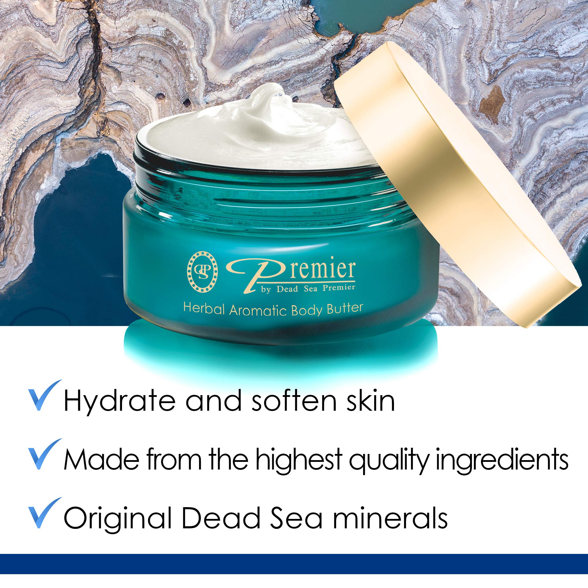 Premier Dead Sea Body Butter display highlighting shea butter and minerals for soft, healthy skin