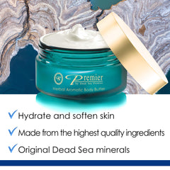 Premier Dead Sea Body Butter display highlighting shea butter and minerals for soft, healthy skin