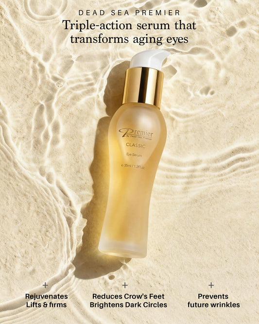 Premier Dead Sea Classic Eye Serum closeup texture reveals silky, fast-absorbing formula.