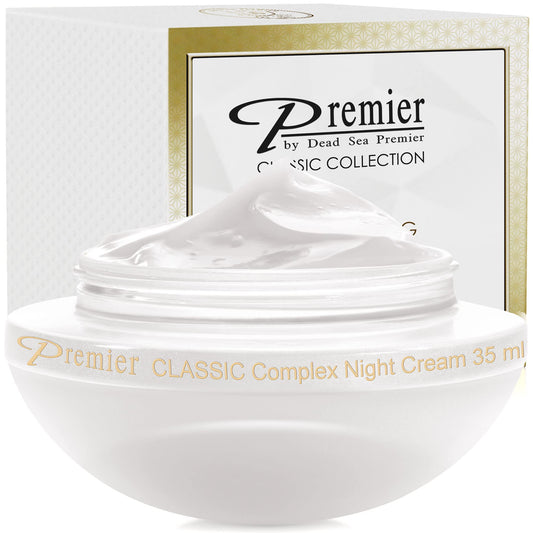 Premier Dead Sea Classic Night Cream jar close-up shows rich texture for overnight hydration