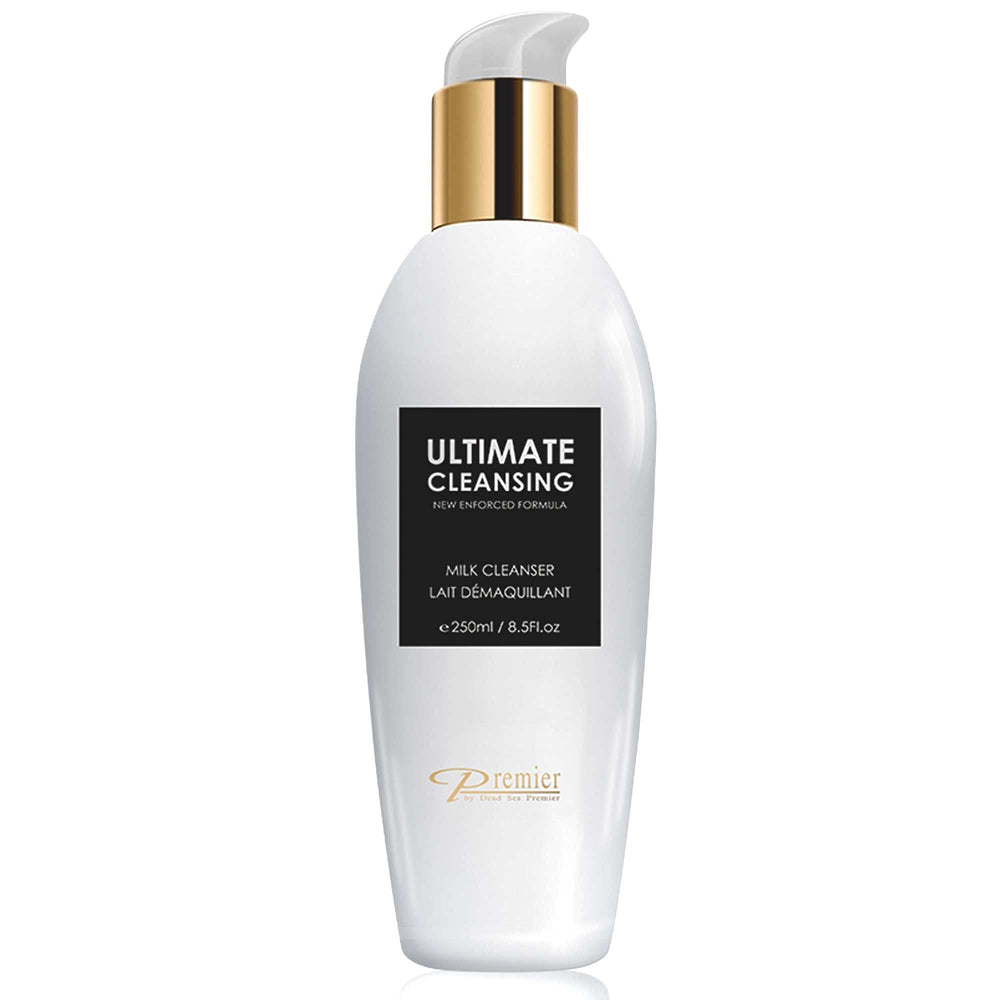 Premier Dead Sea Cleansing Milk bottle demonstrates gentle cleansing for all skin types.